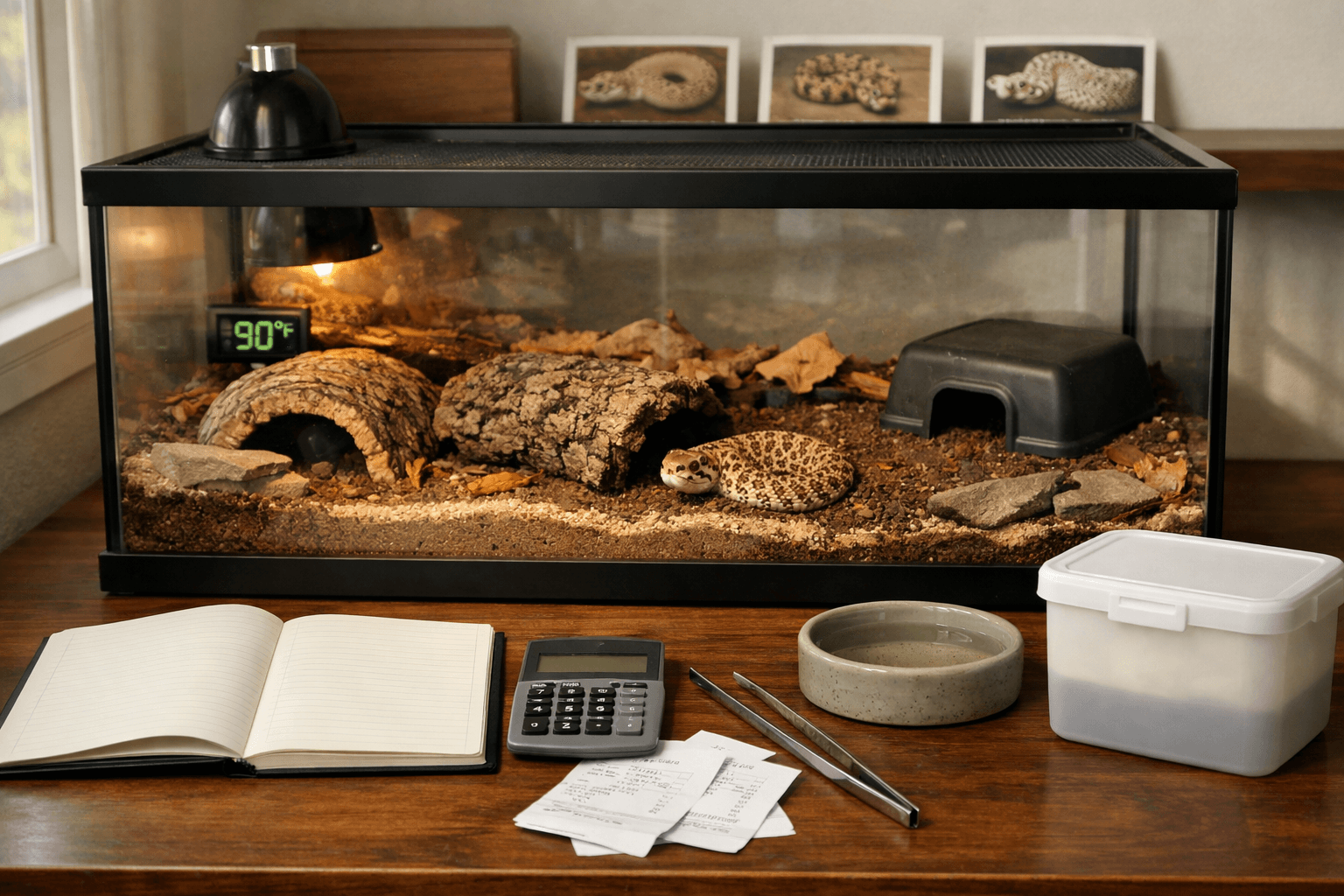 Western hognose in a naturalistic terrarium with hides, heating, supplies, calculator, receipts, and unbranded morph photos