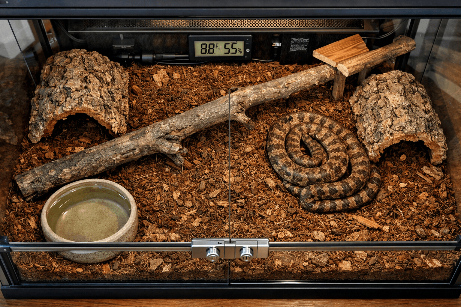 Overhead view of a childrens python coiled in a naturalistic terrarium with coconut substrate, cork hides, branch, water dish, and locked glass doors.