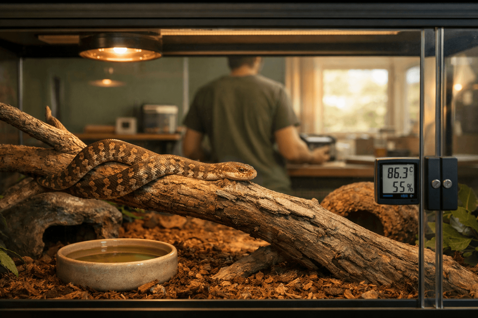 Childrens python draped on a branch in a naturalistic terrarium, with hides, water dish, gauges, and keeper observing behind it.