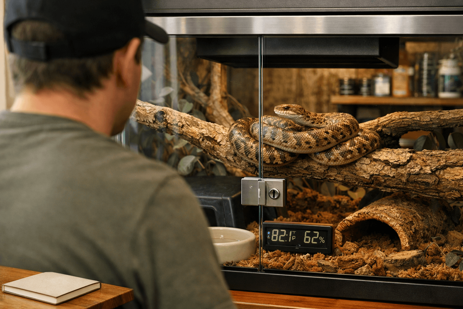 Keeper inspecting a childrens python coiled on a branch inside a secure, naturalistic terrarium with visible care equipment.