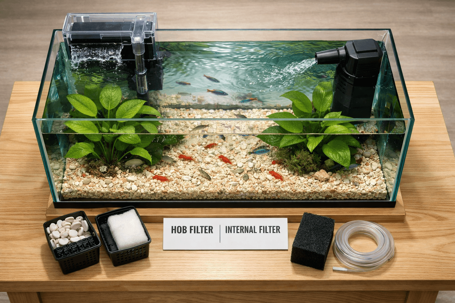Overhead freshwater fish aquarium filter comparison: HOB and internal filters, plants, fish, shrimp, gravel, and labeled media on an oak stand.