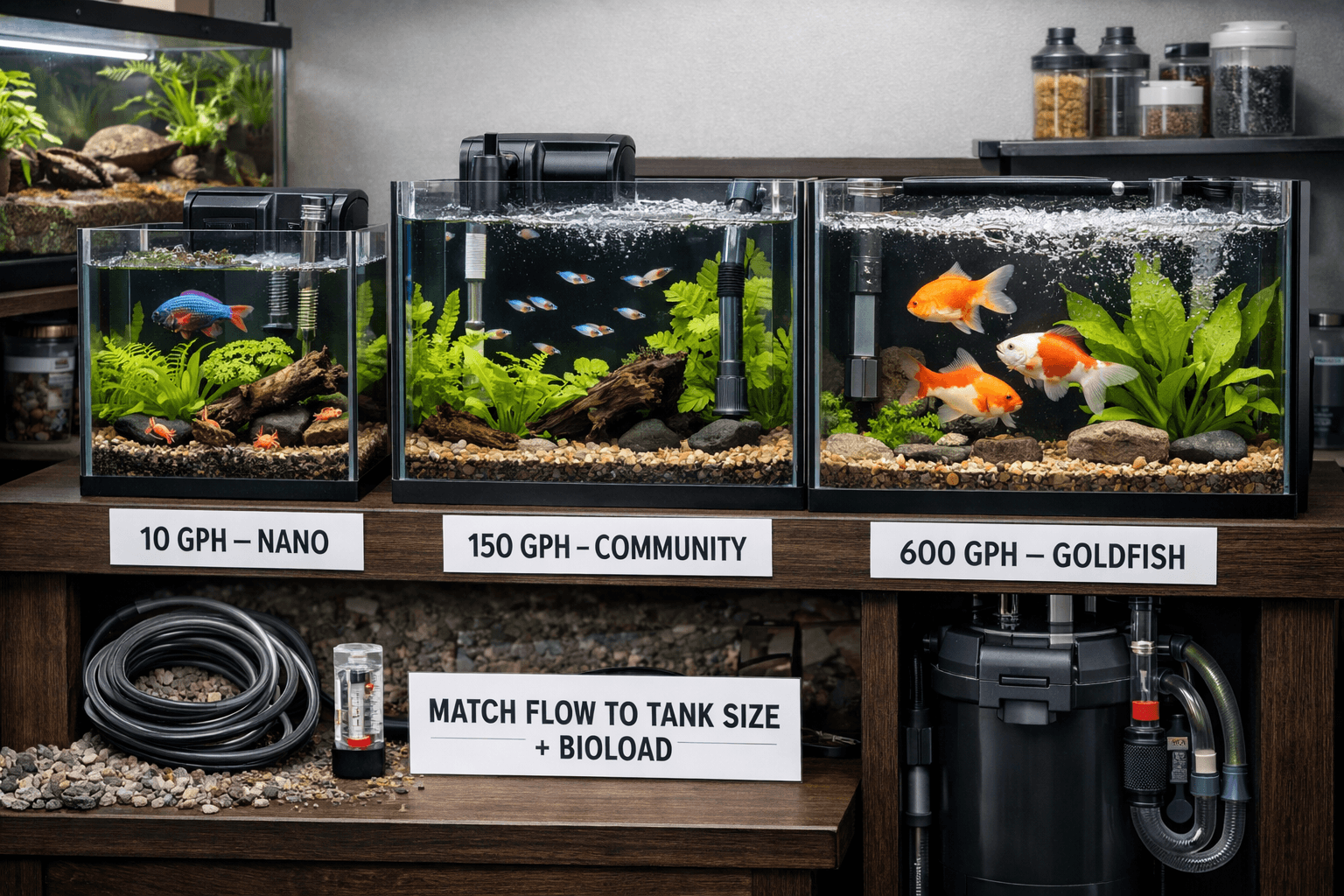 Three freshwater tanks compare filter flow for nano, community, and goldfish setups, featuring a fish aquarium filter and plants.