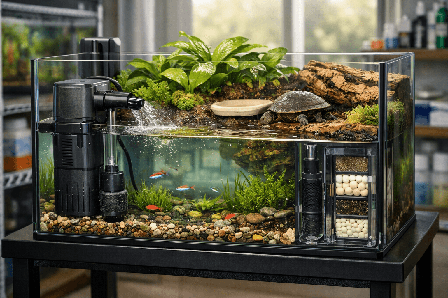 Fish aquarium filter in a glass paludarium with fish, shrimp, plants, misty land, and a turtle at the waterline.
