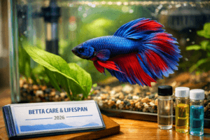 Blue-red betta glides by a leaf in a planted aquarium beside a care log, asking how long does a betta live.