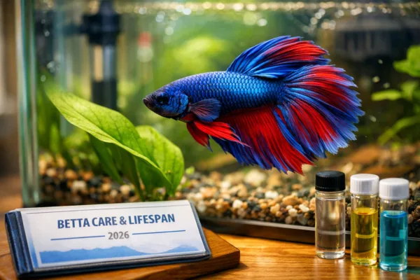 Blue-red betta glides by a leaf in a planted aquarium beside a care log, asking how long does a betta live.