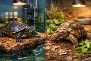 Turtle vs tortoise side by side: aquatic turtle in a filtered tank and tortoise on dry soil with plants and UVB lamps.