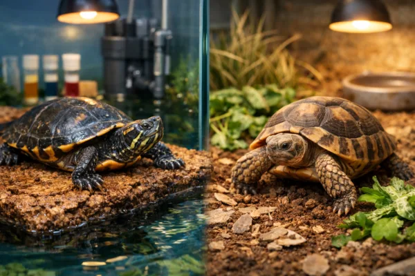 Turtle vs tortoise side by side: aquatic turtle in a filtered tank and tortoise on dry soil with plants and UVB lamps.