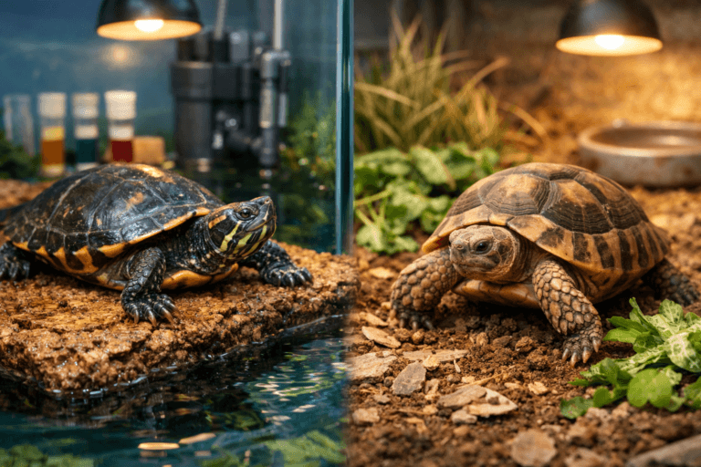 Turtle vs tortoise side by side: aquatic turtle in a filtered tank and tortoise on dry soil with plants and UVB lamps.