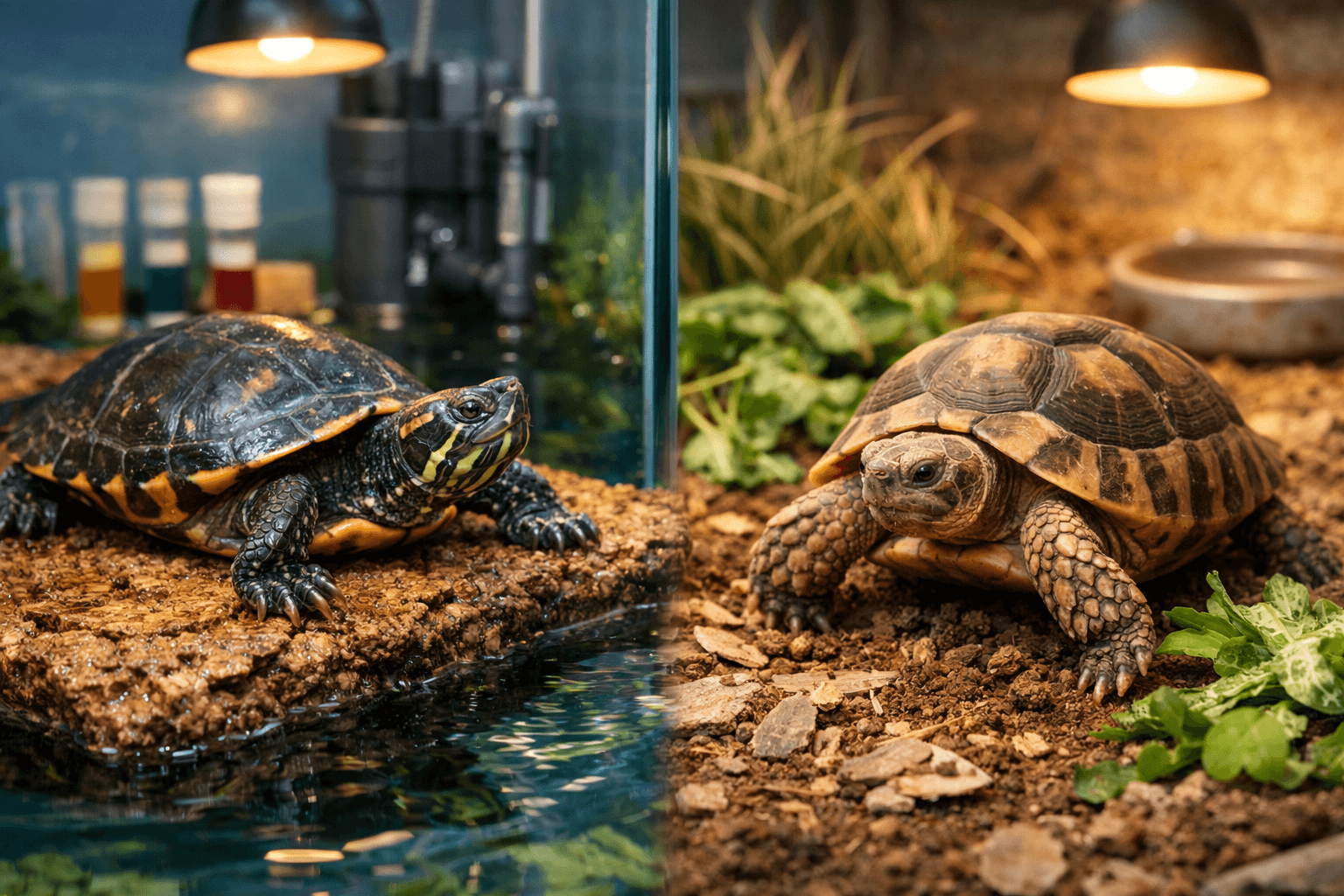 Turtle vs tortoise side by side: aquatic turtle in a filtered tank and tortoise on dry soil with plants and UVB lamps.