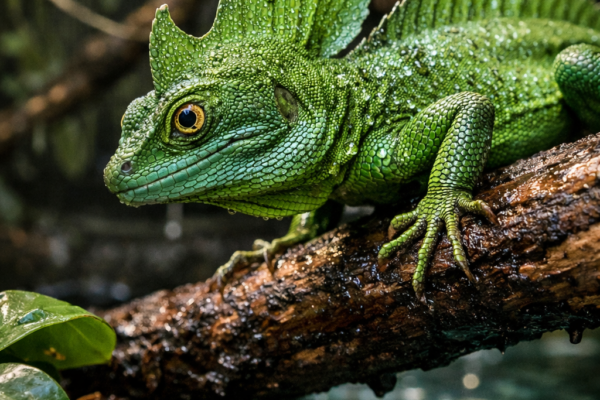 Green basilisk lizard perched above clear water in a humid rainforest enclosure, with insects on damp leaves; basilisks lizard.
