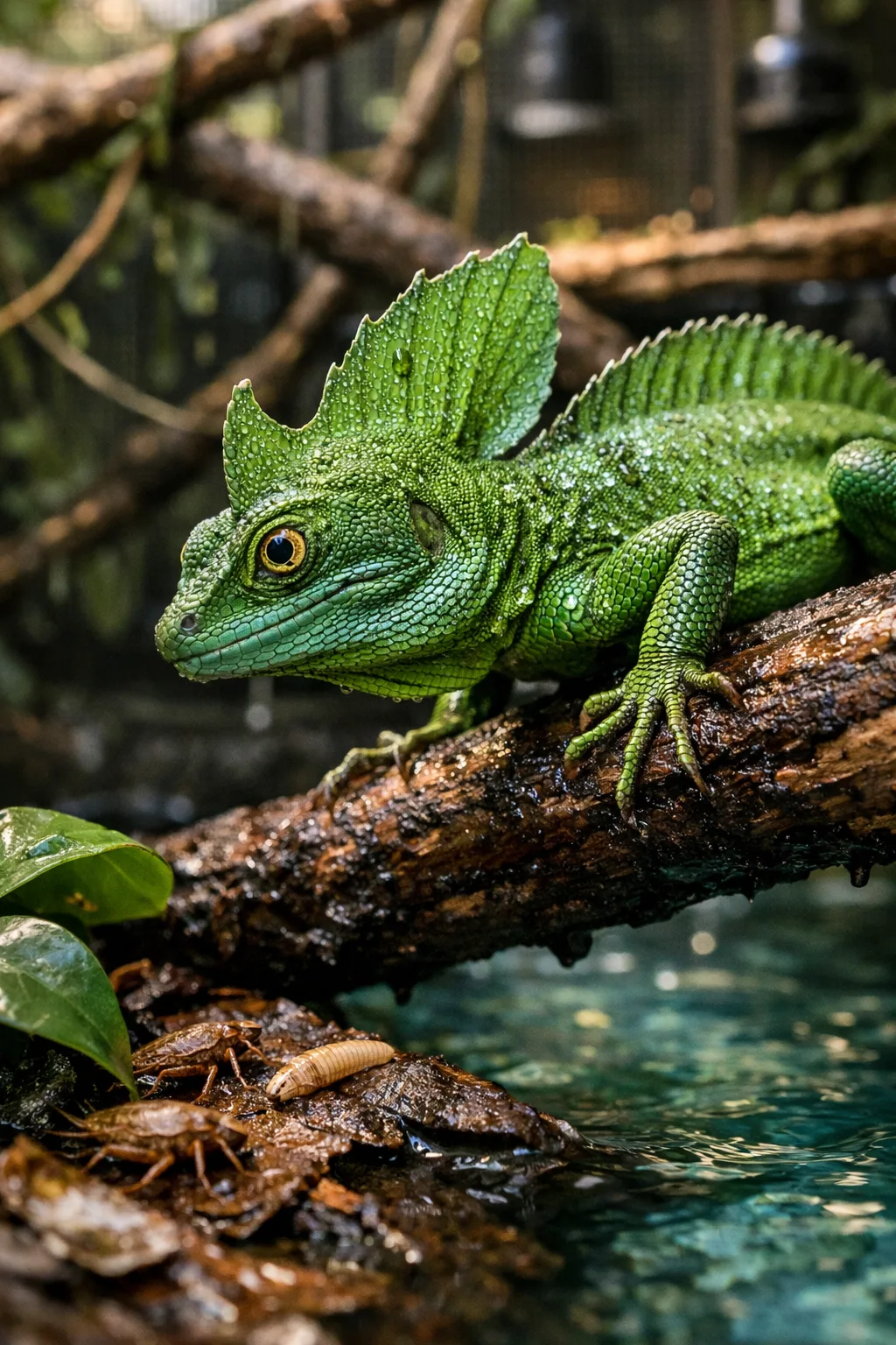 Green basilisk lizard perched above clear water in a humid rainforest enclosure, with insects on damp leaves; basilisks lizard.