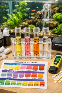 Macro fish tank water test kit station with colored sample tubes, chart, pH meter, and planted aquarium with fish behind.