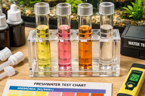 Macro fish tank water test kit station with colored sample tubes, chart, pH meter, and planted aquarium with fish behind.