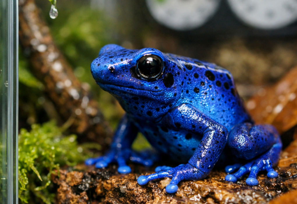 Electric-blue poison dart frog perched on damp cork bark in a lush, misted glass terrarium.