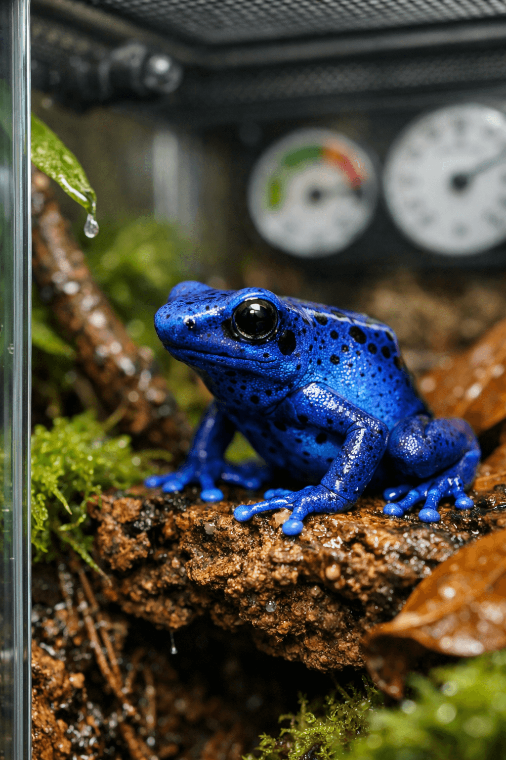 Electric-blue poison dart frog perched on damp cork bark in a lush, misted glass terrarium.