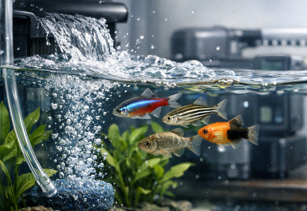Extreme close-up of fish, bubbles, and filter turbulence showing methods to increase oxygen in tank with plants and equipment.