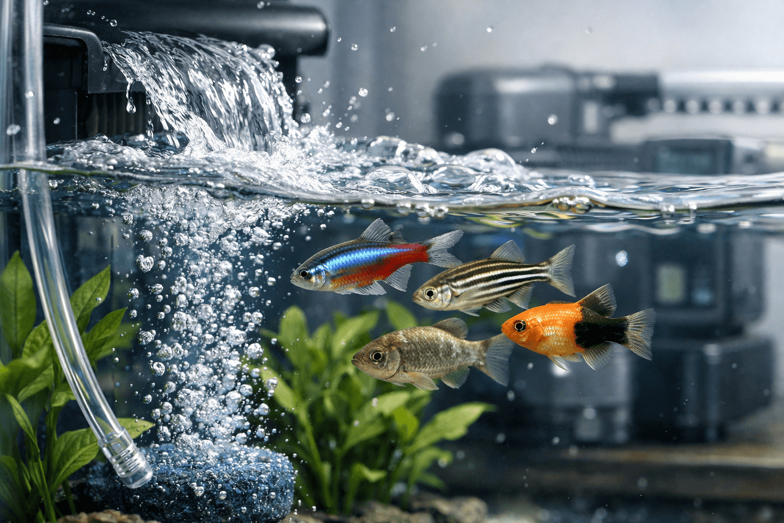 Extreme close-up of fish, bubbles, and filter turbulence showing methods to increase oxygen in tank with plants and equipment.