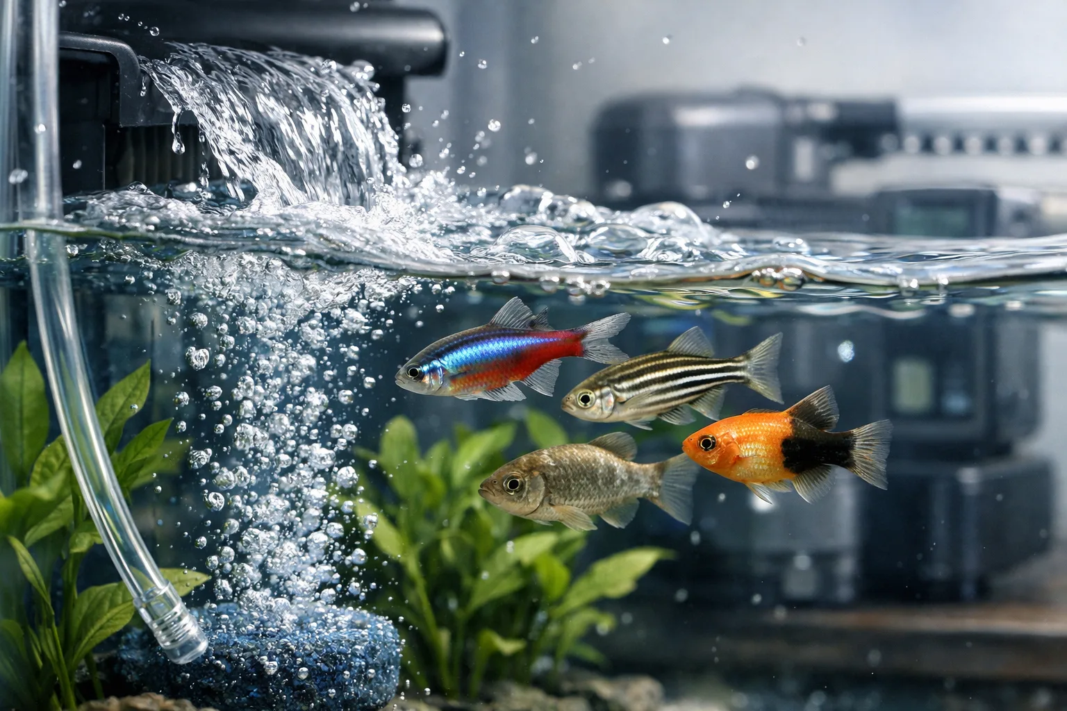 Extreme close-up of fish, bubbles, and filter turbulence showing methods to increase oxygen in tank with plants and equipment.
