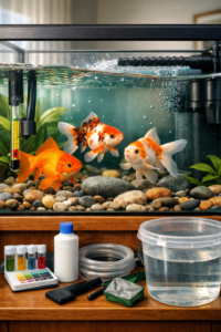 Close-up goldfish tank with healthy orange fish, plants, gravel, thermometer, and gentle filter flow above maintenance tools.