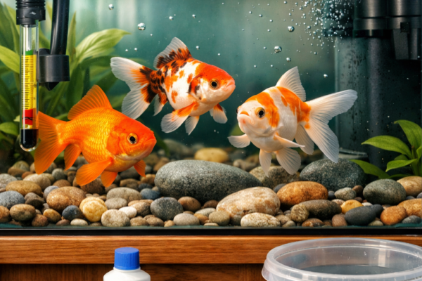Close-up goldfish tank with healthy orange fish, plants, gravel, thermometer, and gentle filter flow above maintenance tools.