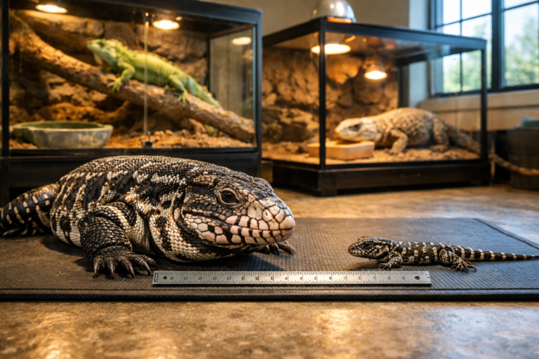 Adult and hatchling tegu beside a measuring tape in a spacious reptile room, with iguana and monitor habitats behind; lizard big comparison