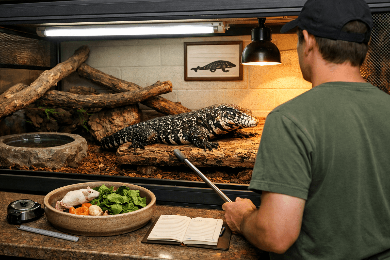 Keeper observes an adult tegu in a spacious habitat with basking platform, feeding dish, branches, UVB light, and heat lamp; lizard big.