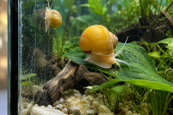 Two gold mystery snails in a planted aquarium: one on a green leaf, the smaller one clinging to the glass.