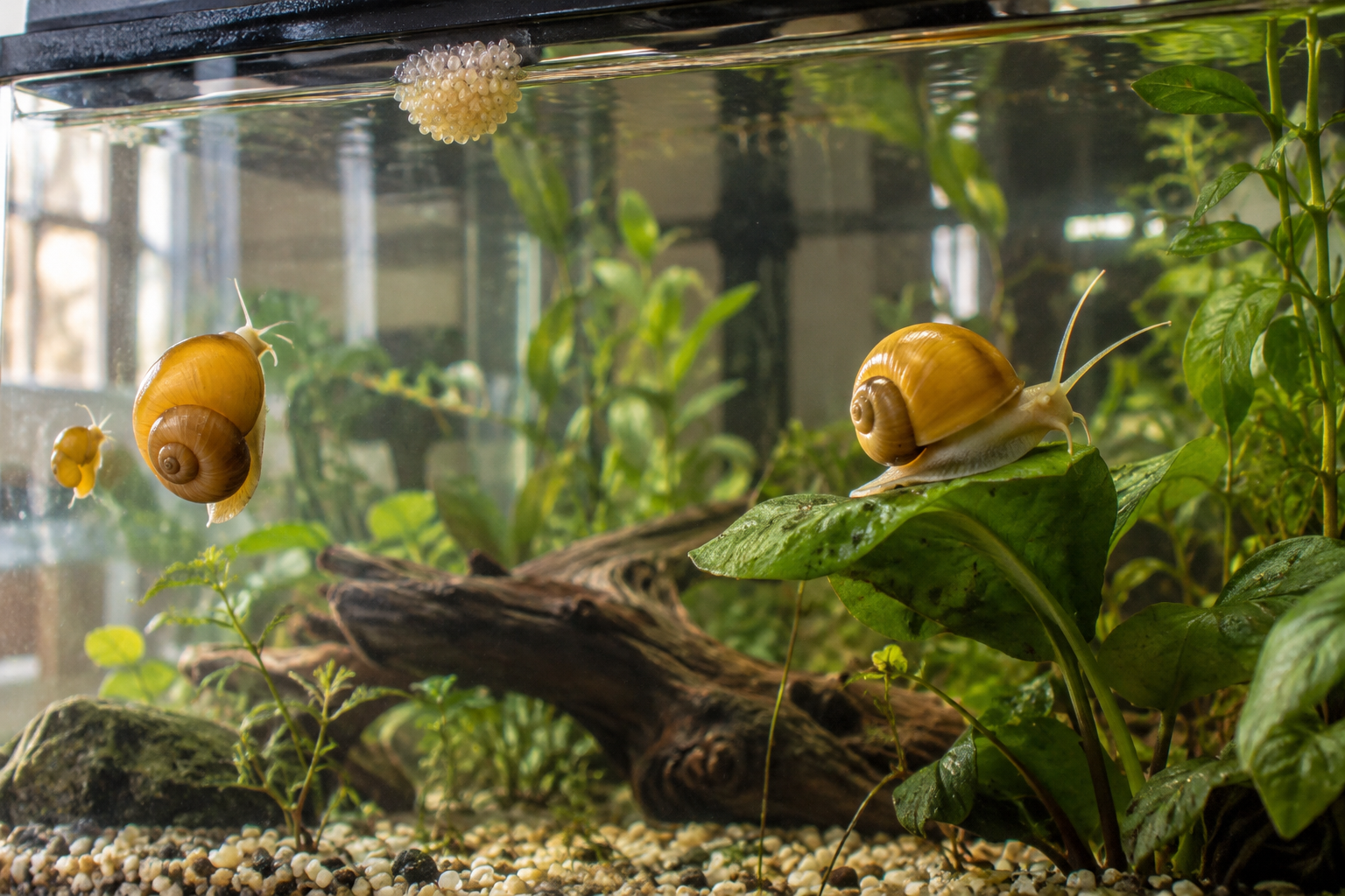 Gold mystery snails at different life stages in a planted aquarium, with an egg clutch above the waterline.