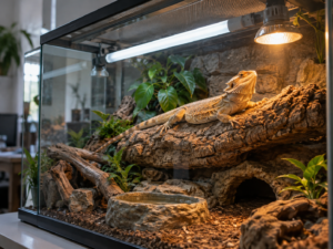 Bearded dragon basking beneath a UVB tube and warm lamp in a planted vivarium, illustrating UV reptiles care.