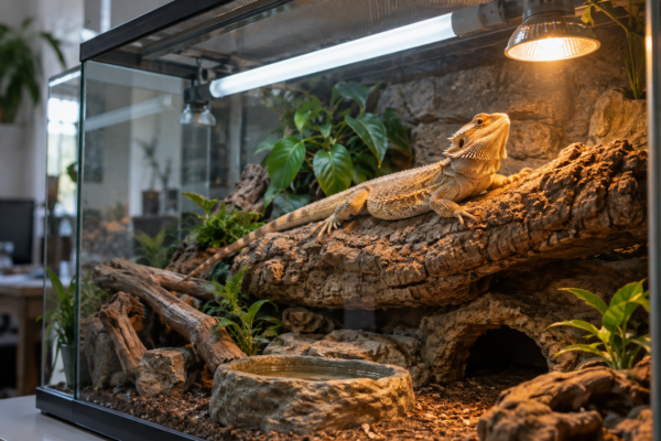Bearded dragon basking beneath a UVB tube and warm lamp in a planted vivarium, illustrating UV reptiles care.