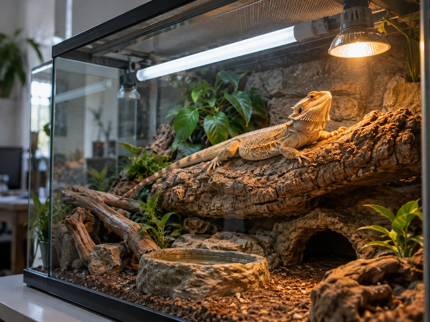 Bearded dragon basking beneath a UVB tube and warm lamp in a planted vivarium, illustrating UV reptiles care.