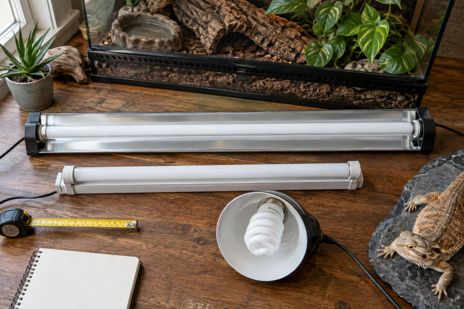 UV reptiles lighting comparison: T5 and T8 tubes, a compact bulb, and a calm bearded dragon on slate beside a terrarium.