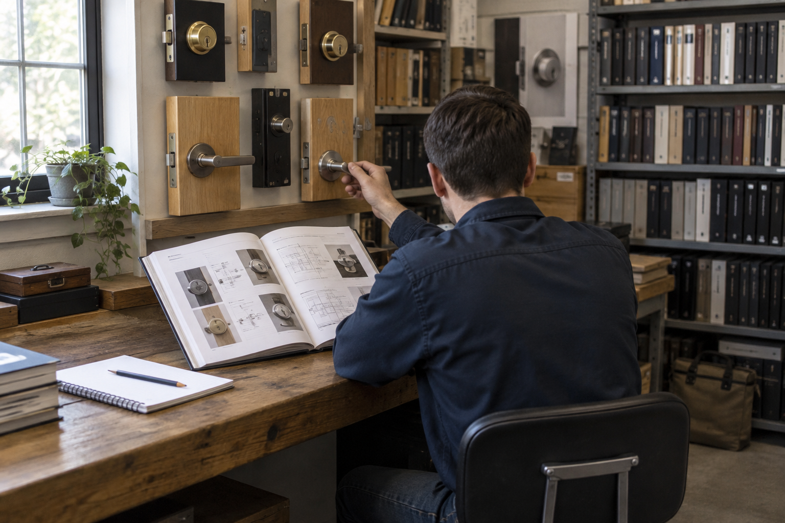Locksmith studies an open hardware reference book beside door-lock samples in a quiet workshop library; “uv reptiles” appears in the scene.